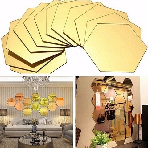 3D 12Pcs  Hexagon Vinyl Removable Wall Sticker Decorative Mirrors Decal Home Decor Art DIY Hot Sale Civil Ornamental Mirror Wall