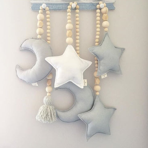 Nordic Wooden Beads Ornament Double Star Moon Kids Room Decoration Baby Crib Tent Hanging Pendant Wall Decor Photography Props