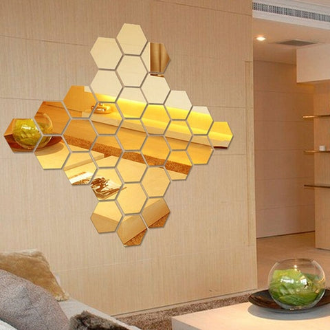 12Pcs/Set Hexagonal 3D Mirror Wall Stickers Restaurant Aisle Floor Personality Decorative Mirror Paste Living Room Sticker8A0563