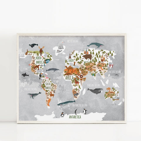 Woodland Animal World Map Poster Art Prints Nursery Decor , Watercolor Map With Animals Canvas Painting For Kids Room Wall Art