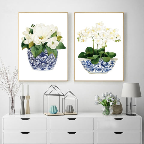 White Orchid & Magnolia Watercolor Chinoiserie Decor Canvas Print Oriental Vase Blue White Willow Style Porcelain Flower Jar